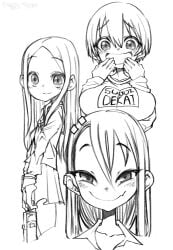 3girls big_breasts blush breasts clothed clothing crossover doodle earrings fangs female female_only hayase_nagatoro hi_res highres japanese_text karakai_jouzu_no_takagi-san long_hair looking_at_viewer medium_hair monochrome not_porn old_art please_don't_bully_me,_nagatoro revealing_clothes simple_background small_breasts smile takagi-san text translation_request uzaki-chan_wa_asobitai! uzaki_hana waa153 white_background