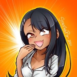 1girls black_hair breasts brown_eyes cleavage clothed clothing fangs female female_focus female_only hayase_nagatoro hi_res highres long_hair looking_at_viewer please_don't_bully_me,_nagatoro revealing_clothes simple_background small_breasts smile solo stalkingp tan tan-skinned_female tan_body tan_skin tanned tanned_female watermark