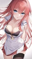 ai_generated ayala(coon) blue_eyes blue_panties cleavage coon8384 futuristic red_hair red_skirt red_topwear stable_diffusion thighhighs under_skirt underwear