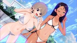 2girls 3d bikini black_hair blue_eyes blush breasts brown_eyes clothed clothing cross_(artist) crossover female female_only grey_hair hayase_nagatoro hi_res highres long_hair looking_at_viewer navel open_mouth peace_sign please_don't_bully_me,_nagatoro pose revealing_clothes simple_background small_breasts smile tan tan-skinned_female tan_body tan_skin tanline tanned tanned_female uzaki-chan_wa_asobitai! uzaki_hana wink