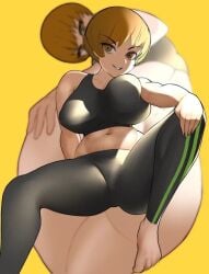 altus big_breasts blurry_background clothed clothed_female clothing fitness legs_apart looking_at_viewer looking_pleasured muscles okaimikey persona persona_4 presenting presenting_pussy satonaka_chie sports_bikini sports_bra sportswear tits