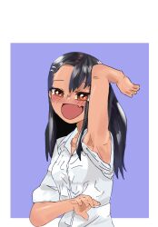 1girls armpits black_hair blush bracken breasts brown_eyes clothed clothing fangs female female_focus female_only hayase_nagatoro hi_res highres long_hair open_mouth please_don't_bully_me,_nagatoro revealing_clothes simple_background small_breasts solo tan tan-skinned_female tan_body tan_skin tanned tanned_female