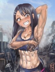 1girls black_hair blush breasts brown_eyes cleavage clothed clothing female female_focus female_only giant giantess hayase_nagatoro hi_res highres long_hair muscular muscular_female navel please_don't_bully_me,_nagatoro revealing_clothes simple_background small_breasts smile solo sports_bra sportswear sweat tan tan-skinned_female tan_body tan_skin tanline tanned tanned_female yilx