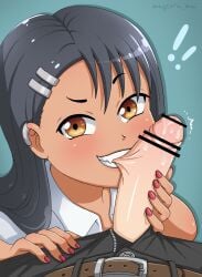 1boy 1girls biting black_hair blush breasts brown_eyes censored clothed clothing earrings erection fangs female hayase_nagatoro hi_res highres long_hair looking_at_viewer magenta_mai naoto_hachioji_(senpai) penis penis_biting please_don't_bully_me,_nagatoro precum revealing_clothes simple_background small_breasts smile tan tan-skinned_female tan_body tan_skin tanned tanned_female watermark