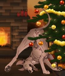 2022 animal_genitalia animal_penis anus balls canid canine canine_penis canis christmas christmas_tree detailed_background domestic_dog feral genitals hairless hairless_dog hi_res holidays inside kodaac male mammal penis penis_tip plant presenting_balls primitive_dog sheath solo tree xoloitzcuintli