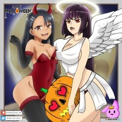 2girls angel_wings big_breasts black_hair blush breasts brown_eyes clothed clothing cool_guy curvy demon_girl demon_horns demon_tail earrings fangs female female_only halloween halo hayase_nagatoro hi_res highres long_hair multiple_girls open_mouth please_don't_bully_me,_nagatoro president_(nagatoro) purple_hair red_eyes revealing_clothes sana_sunomiya simple_background small_breasts tan tan-skinned_female tan_body tan_skin tanned tanned_female wide_hips