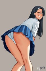 1girls 1pp1x black_hair blush breasts brown_eyes clothed clothing earrings female female_focus female_only hayase_nagatoro hi_res highres long_hair looking_at_viewer looking_back please_don't_bully_me,_nagatoro revealing_clothes simple_background skirt small_breasts smile solo tan tan-skinned_female tan_body tan_skin tanned tanned_female upskirt watermark