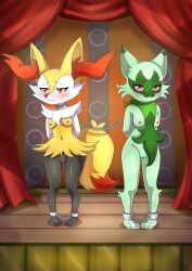 2girls anthro arms_behind_back barefoot bondage bound bound_together braixen breasts canid canine chains collar curtains_open domestic_cat duo feet felid feline felis female female/female female_only femsub fennec floragato fox fur generation_6_pokemon green_body green_fur hi_res linked_collar mammal multicolored_body multicolored_fur multiple_girls multiple_subs nintendo nipples nude pokémon_(species) pokemon pokemon_(species) pokemon_sv rose_eyes slave small_breasts stage the_dark_mangaka video_games yellow_body yellow_fur