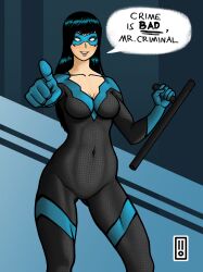 1girls batman_(series) black_hair blush dc dc_comics dick_grayson female female_focus female_only fully_clothed long_hair nightwing pointing pov pov_eye_contact rule_63 solo solo_female solo_focus thin_waist unseen_character