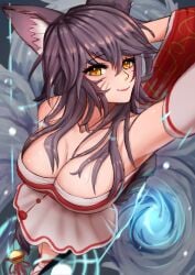 1girls ahri armpits big_breasts black_hair braid breasts cleavage color dark_hair dress female fox fox_ears from_above kemonomimi league_of_legends long_hair magic no_bra pudding300 raised_arm riot_games simple_background tagme tail yellow_eyes