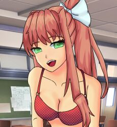 1girls bra breasts cleavage doki_doki_literature_club green_eyes long_hair monika_(doki_doki_literature_club) moritaris red_bra