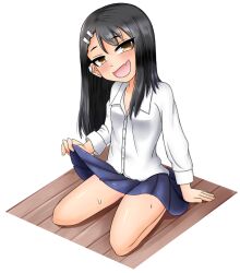 1girls black_hair blush breasts brown_eyes clothed clothing earrings fangs female female_focus female_only hayase_nagatoro hi_res highres llxr18 long_hair looking_at_viewer open_mouth please_don't_bully_me,_nagatoro pose revealing_clothes simple_background sitting skirt skirt_lift small_breasts solo sweat tan tan-skinned_female tan_body tan_skin tanned tanned_female white_background