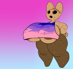 3_toes animal_crossing anthro areola areola_slip big_breasts bottomless breasts brown_body clothed clothing coco_(animal_crossing) fecharis feet female genitals gyroid hand_on_hip lagomorph leporid mammal nintendo onetiredbear pussy rabbit solo toes topwear under_boob video_games wide_hips
