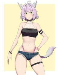 ahoge atalanta_(alter)_(fate) atalanta_(fate) cat_ears clothed denim_bottomwear denim_panties fate/apocrypha fate/grand_order fate_(series) female female_focus female_only fox_ears garter_belt looking_at_viewer purple_hair short_hair solo solo_female solo_focus tagme tail thong_above_shorts thong_straps yuzu_kiro