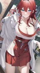 adult ai_generated anime_style ayala(coon) coon8384 dressed futuristic red_dress red_hair