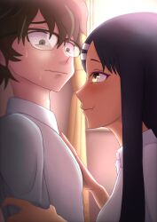 1boy 1girls assertive assertive_female black_hair blush breasts brown_eyes clothed clothing fangs female glasses hayase_nagatoro hi_res highres kentomurasaki long_hair male naoto_hachioji_(senpai) please_don't_bully_me _nagatoro revealing_clothes short_hair simple_background small_breasts smile sweat tan tan-skinned_female tan_body tan_skin tanned tanned_female wholesome