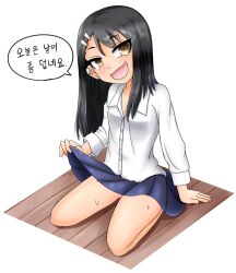 1girls black_hair blush breasts brown_eyes clothed clothing earrings fangs female female_focus female_only hayase_nagatoro hi_res highres japanese_text llxr18 long_hair looking_at_viewer open_mouth please_don't_bully_me,_nagatoro pose revealing_clothes simple_background sitting skirt skirt_lift small_breasts solo sweat tan tan-skinned_female tan_body tan_skin tanned tanned_female text translation_request white_background