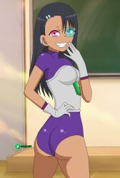 1girls ass black_hair blue-tinted_eyewear breasts brown_eyes clothed clothing crossover dragon_ball female female_focus female_only gabrielf666 hayase_nagatoro hi_res highres long_hair looking_at_viewer looking_back please_don't_bully_me _nagatoro revealing_clothes scouter simple_background small_breasts smile solo straight_hair tan tan-skinned_female tan_body tan_skin tanned tanned_female tinted_eyewear watermark