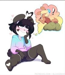 ! <3 2girls anthro anthro_female black_hair bluebreed blush daydream furry furry_female furry_only heart hearts ken_ashcorp kenny_(kenashcorp) lesbian moody_(bluebreed) narrowed_eyes original original_character panda panda_girl rabbit rabbit_girl shorts sitting smile thinking thought_bubble yuri