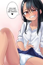 1girls black_hair blush breasts brown_eyes clothed clothing earrings english_text fangs female female_focus female_only hayase_nagatoro hi_res highres laz_gm long_hair looking_at_viewer please_don't_bully_me,_nagatoro revealing_clothes simple_background sitting skirt skirt_lift small_breasts smile solo tan tan-skinned_female tan_body tan_skin tanned tanned_female text