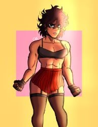 absolute_territory beauty_mark blue_eyes brown_hair brown_skin choker chromexorannex cleavage coco_joestar miniskirt mole muscular muscular_female original_character ourobouro skirt thighhighs thighs toned_female tubetop