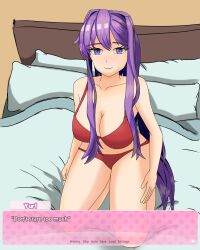 1girls bed bra breasts cleavage ddlc_text_box doki_doki_literature_club long_hair matching_underwear moritaris panties purple_eyes purple_hair red_bra red_panties yuri_(doki_doki_literature_club)