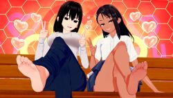 2girls 3d big_breasts black_hair breasts brown_eyes clothed clothing feet female female_only hayase_nagatoro hi_res highres kirbro long_hair looking_at_viewer misaki_nagatoro multiple_girls peace_sign please_don't_bully_me,_nagatoro revealing_clothes simple_background sisters sitting small_breasts smile tan tan-skinned_female tan_body tan_skin tanned tanned_female