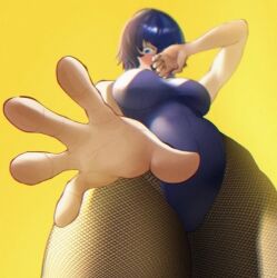 1girls alternate_version_available big_breasts blue_hair breasts embrassed fishnets hand hidden_eyes hiding legs looking_at_viewer looking_down okaimikey persona persona_4 scared scared_expression shirogane_naoto swimsuit swimwear thick_thighs thighs