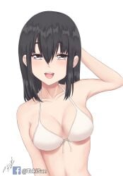 1girls big_breasts black_hair breasts cleavage clothed clothing curvy female female_focus female_only grey_eyes hi_res highres looking_at_viewer medium_hair misaki_nagatoro navel open_mouth please_don't_bully_me,_nagatoro pose revealing_clothes simple_background solo tokisan watermark white_background wide_hips