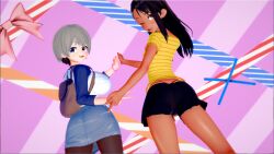 2girls 3d ass big_ass black_hair blue_eyes blush breasts brown_eyes clothed clothing cross_(artist) crossover female female_only grey_hair hayase_nagatoro hi_res highres long_hair looking_at_viewer looking_back open_mouth please_don't_bully_me,_nagatoro pose revealing_clothes simple_background small_breasts smile tan tan-skinned_female tan_body tan_skin tanned tanned_female thong uzaki-chan_wa_asobitai! uzaki_hana whale_tail wink