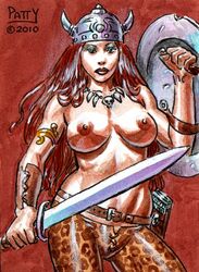 1girls 2010 breasts female female_only front_view human marvel marvel_comics pants red_sonja red_sonja_(comics) sean_patty shield solo sword tagme topless