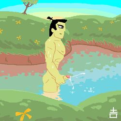 1boy bathing black_hair cumshot erection flowers holding_penis male_only masturbation nude pond reflection samurai_jack samurai_jack_(character) side_view sunrise sweat tagme tied_hair tree water yoshi_(artist)