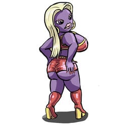 1girls alternate_breast_size ass back blonde_hair boots breasts clothed colored female female_only huge_breasts jynx long_fingernails long_hair looking_back nintendo oniontrain pokemon pokemon_(species) purple_eyes purple_skin skimpy solo standing white_background