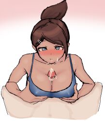 1boy alternate_version_available asahina_aoi breasts cleavage danganronpa danganronpa:_trigger_happy_havoc danganronpa_1 ejaculation ejaculation_between_breasts large_breasts paizuri paizuri_under_clothes seongkun straight straight_hair swimsuit unseen_male_face