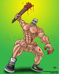 blood holding_weapon huge_muscles human male male_only mask mostly_nude penis rick_taylor shoes solo splatterhouse tagme terror_mask