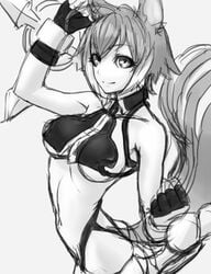 ahoge animal_ears arm_up armpits artist_request ass blazblue breasts curvy female looking_at_viewer makoto_nanaya midriff miniskirt monochrome navel panties parted_lips rocks rough_sketch short_hair smile solo squirrel_ears squirrel_tail tail thighhighs tonfa two_tone_hair underboob