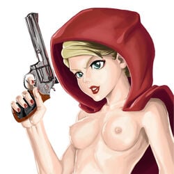 1girls areola blonde_hair breasts bust casual female female_only firearm green_eyes gun handgun hood human little_red_riding_hood nail_polish naked_hood nipples revolver short_hair smiling solo topless weapon