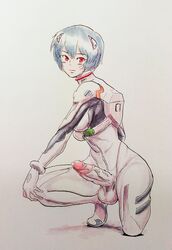 1futa balls blue_hair blush bodysuit breasts clothing cum erection expressionless futa_only futanari human impossible_clothing interface_headset intersex large_penis medium_breasts neon_genesis_evangelion pale-skinned_futa pale_skin penis pilot_suit plugsuit precum rei_ayanami short_hair solo squatting testicles uncensored veiny_penis