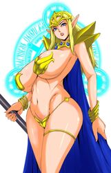 armlet armor blonde_hair blue_eyes bracelet bracelets breasts cape capelet chaos_breaker collar dashigara_100 elf female fina_(chaos_breaker) helmet jewelry large_breasts lipstick long_hair lots_of_jewelry makeup mantle nail_polish nipple_covers panties pointy_ears shoulder_pads solo staff thigh_strap thong underwear yellow_thong