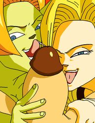 android_18 blonde_hair blue_eyes blue_skin bob_cut collaborative_fellatio comic dboy dragon_ball dragon_ball_z eye_contact fellatio female ginger green_skin human krillin kuririn licking_penis male medium_hair oral orange_hair petite pointy_ears pov seductive_eyes seductive_mouth straight zangya