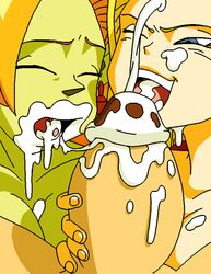 2girls after_oral android_18 collaborative_fellatio comic cum cum_in_mouth cum_inside cum_on_face cumshot dboy dragon_ball dragon_ball_z eye_contact fellatio female human krillin kuririn male oral pov straight sucking_testicles threesome zangya