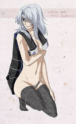 black_legwear blue_eyes breasts chall_acustica female glasses grey_hair grey_panties gundam gundam_00 gundam_00f gundam_00p jacket_over_shoulder long_hair looking_away panties smile solo squatting thighhighs underwear