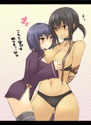 428_shibuya_scramble alphard_al_sheya angry_face black_hair blush breasts brown_skin canaan dark_skin dress female grey_eyes hand_on_breasts happy_face multiple_girls panty ponytail purple_hair sisters stockings tattoo tied_hair topless yellow_eyes yuri