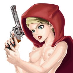 blonde_hair breasts casual_exposure cloak female female_only holding_gun hood human little_red_riding_hood naked_hood nipples pale_skin revolver solo tagme white_background