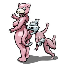 anthro ass breasts colored female female_only interspecies multiple_females multiple_girls nude oniontrain pink_skin pokemon pokemon_(species) shellder side_view size_difference slowbro standing tagme yuri