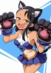 1girls black_hair breasts brown_eyes cat_ears cat_tail catgirl clothed clothing fangs female female_focus female_only hayase_nagatoro hi_res highres ken-san long_hair looking_at_viewer navel open_mouth please_don't_bully_me,_nagatoro pose revealing_clothes simple_background small_breasts solo tan tan-skinned_female tan_body tan_skin tanline tanned tanned_female