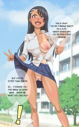 1girls areolae black_hair blush breasts brown_eyes censored clothed clothing earrings english_text fangs female female_focus female_only flashing going_commando hayase_nagatoro hi_res highres karuro-kun large_breasts long_hair looking_at_viewer mosaic_censoring nipples no_panties open_mouth please_don't_bully_me _nagatoro revealing_clothes simple_background skirt skirt_lift smile solo standing tan tan-skinned_female tan_body tan_skin tanline tanned tanned_female text