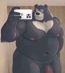 2022 anthro balls bear belly big_belly black_body black_nose blush cellphone detailed_background genitals hi_res humanoid_genitalia humanoid_hands humanoid_penis kemono male mammal mature_male moobs nanntaro navel nipples overweight overweight_male penis phone smartphone solo