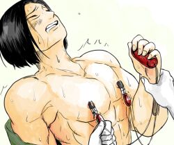 black_hair blush clenched_teeth closed_eyes kaneda_suekichi kengan_(series) kengan_ashura male male_focus muscular muscular_male nipple_clamps nipple_play solo_focus suechiki sweat upper_body vibrator vibrator_on_nipple wrist_grab