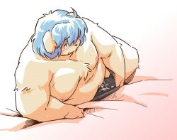 2022 anthro bed belly big_belly bina_(sv_grart) blue_hair blush bodily_fluids canid canine canis cum domestic_dog furniture genital_fluids hair humanoid_hands kemono male mammal moobs navel nipples overweight overweight_male solo takagi_kyou